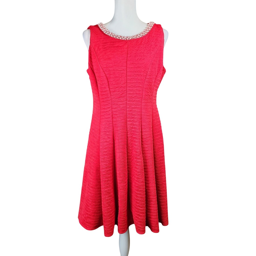 Sandra Darren Fit Flare Dress Womens 12 Red Pearl Beaded Neckline Party Holiday